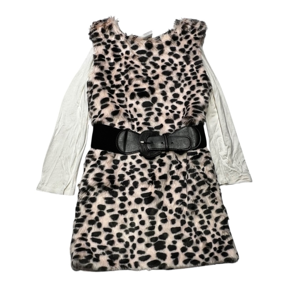 Little Mass‎ Faux Fur Dress with Leopard Accents and white long sleeve tee
